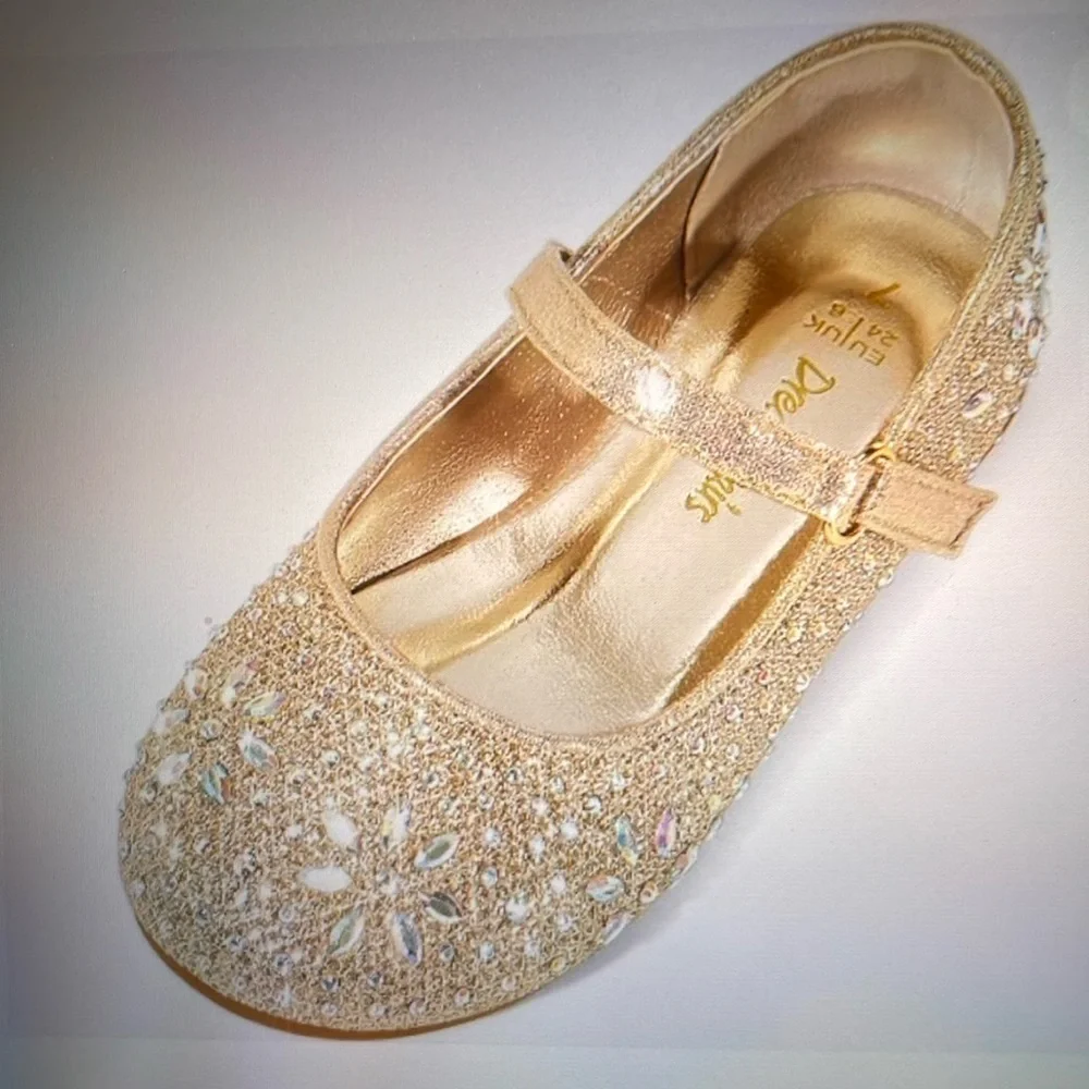 Toddler Girl Mary Jane Gold  rhinestone ballet flats Sz 7 Holiday New Years